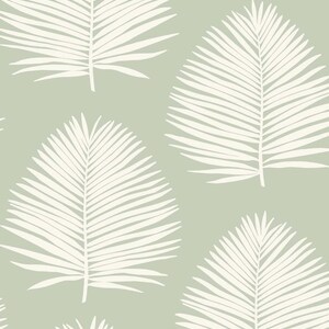 May include: A seamless pattern featuring white palm leaves on a light green background. The leaves are stylized and have a simple, elegant design.
