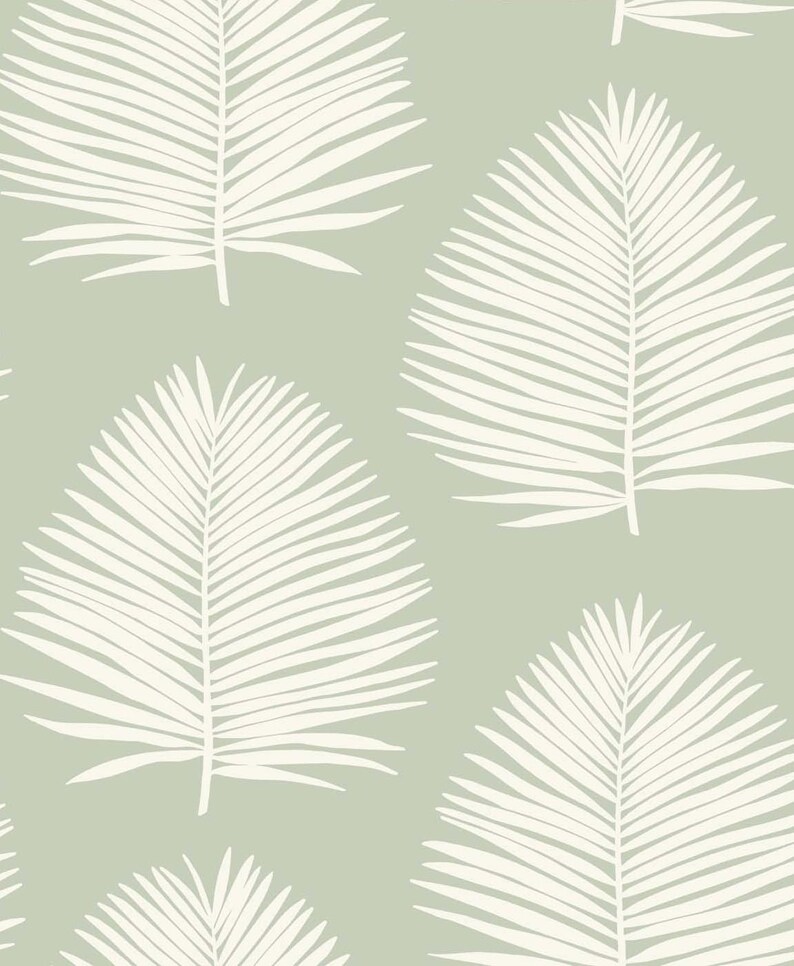 May include: A seamless pattern featuring white palm leaves on a light green background. The leaves are stylized and have a simple, elegant design.