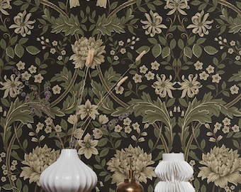 Prepasted Wallpaper Vintage Floral Brown Neutral Wallcovering Arts and Crafts Morris Inspired Flower Wall Decor DIY Wallcovering