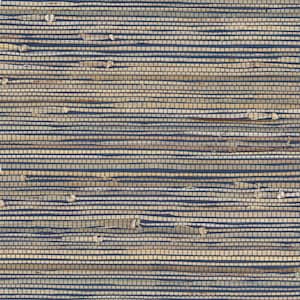 May include: A woven wallcovering with a natural, textured look. The material is made of thin strips of natural fibers, woven together in a horizontal pattern. The background color is a deep blue, and the fibers are a light brown color.