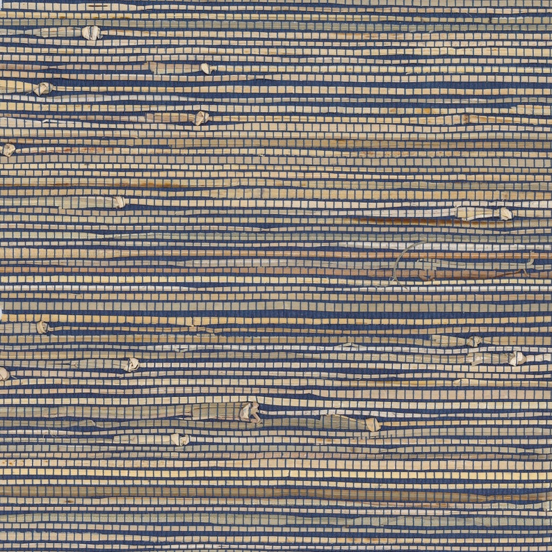 May include: A woven wallcovering with a natural, textured look. The material is made of thin strips of natural fibers, woven together in a horizontal pattern. The background color is a deep blue, and the fibers are a light brown color.