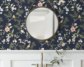 Blue Chinoiserie Peel and Stick Wallpaper Bird Floral Self Adhesive Wallcovering