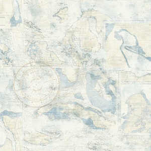 May include: A vintage-style map design featuring a collage of nautical charts in shades of blue, beige, and white. The design includes a compass rose and text indicating locations like Port Bay Harbor, New York. The overall aesthetic is distressed and aged.