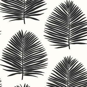 May include: A seamless pattern featuring black palm leaves on a white background. The leaves are stylized and have a simple, graphic design.