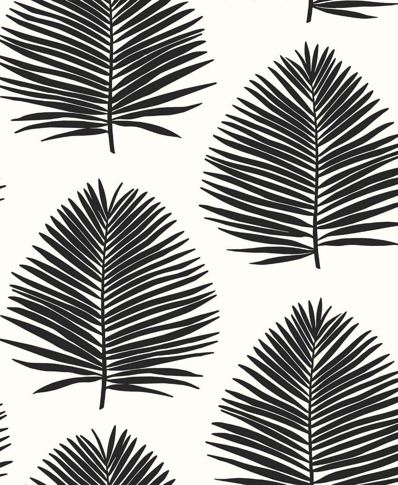 May include: A seamless pattern featuring black palm leaves on a white background. The leaves are stylized and have a simple, graphic design.