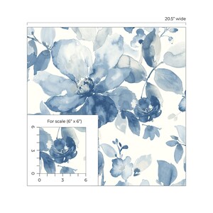 May include: A watercolor floral print wallpaper featuring a blue and white floral pattern. The wallpaper has a repeating pattern of large and small flowers and leaves. The flowers are a light blue color with a white center. The leaves are a darker blue color. The wallpaper is perfect for adding a touch of elegance to any room.