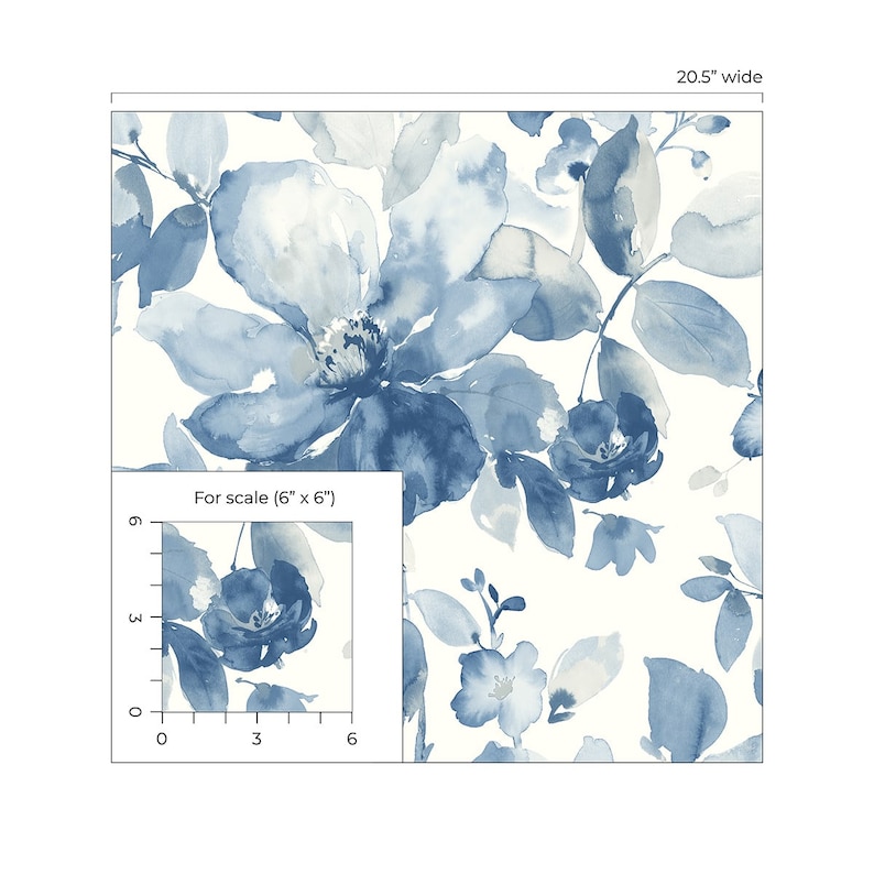 May include: A watercolor floral print wallpaper featuring a blue and white floral pattern. The wallpaper has a repeating pattern of large and small flowers and leaves. The flowers are a light blue color with a white center. The leaves are a darker blue color. The wallpaper is perfect for adding a touch of elegance to any room.