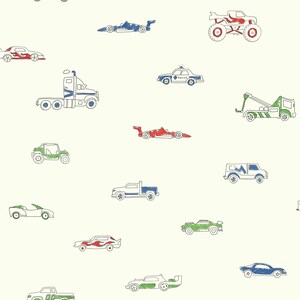 May include: A seamless pattern featuring various types of vehicles, including a police car, a monster truck, a semi-truck, a tow truck, a race car, a pickup truck, a jeep, and a sports car. The vehicles are drawn in a cartoon style with a white background.