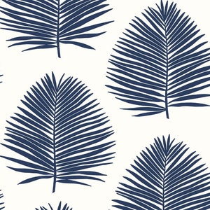 May include: A seamless pattern featuring navy blue palm leaves on a white background. The leaves are stylized and have a simple, graphic design.