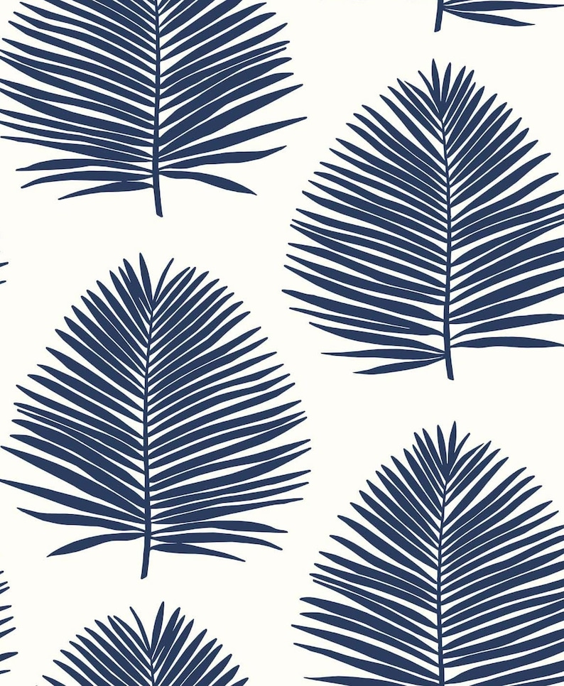 May include: A seamless pattern featuring navy blue palm leaves on a white background. The leaves are stylized and have a simple, graphic design.