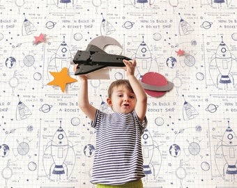 Wallpaper | Space Wallpaper | Illustration Wallpaper | Blue Wallpaper | Nursery Wallpaper | Children Wallpaper | Rocket Ship Wallpaper