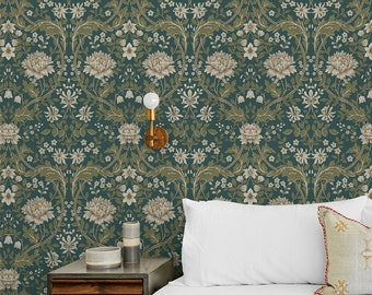 Prepasted Wallpaper Vintage Floral Teal Neutral Wallcovering Arts and Crafts Morris Inspired Flower Wall Decor DIY Wallcovering