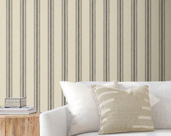 Black Striped Peel and Stick Wallpaper | Faux Linen Texture | 00