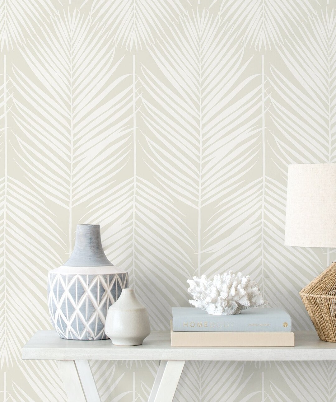 Prepasted Wallpaper Palm Leaf Beige Wallcovering Neutral Coastal Beach ...