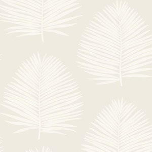 May include: A seamless pattern featuring white palm leaves on a light beige background. The leaves are stylized and have a delicate, minimalist look.