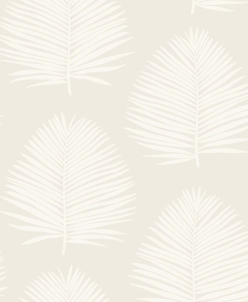 May include: A seamless pattern featuring white palm leaves on a light beige background. The leaves are stylized and have a delicate, minimalist look.