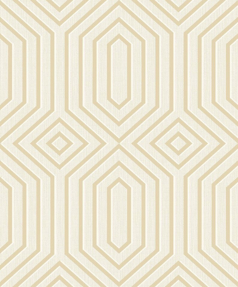May include: A seamless pattern of overlapping beige hexagons on a white background. The hexagons are outlined in a darker beige color, creating a geometric design.
