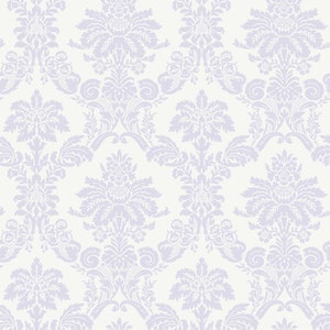 May include: A seamless pattern featuring a repeating design of intricate floral motifs in a light purple colour on a white background. The pattern is reminiscent of traditional damask wallpaper.