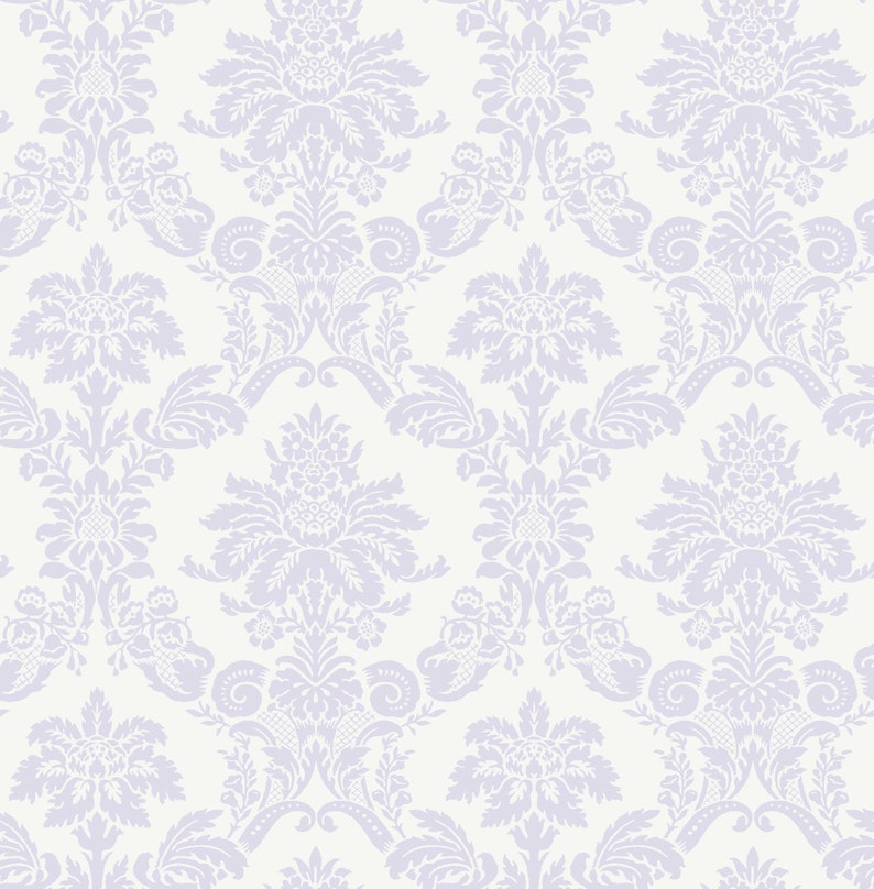 May include: A seamless pattern featuring a repeating design of intricate floral motifs in a light purple colour on a white background. The pattern is reminiscent of traditional damask wallpaper.