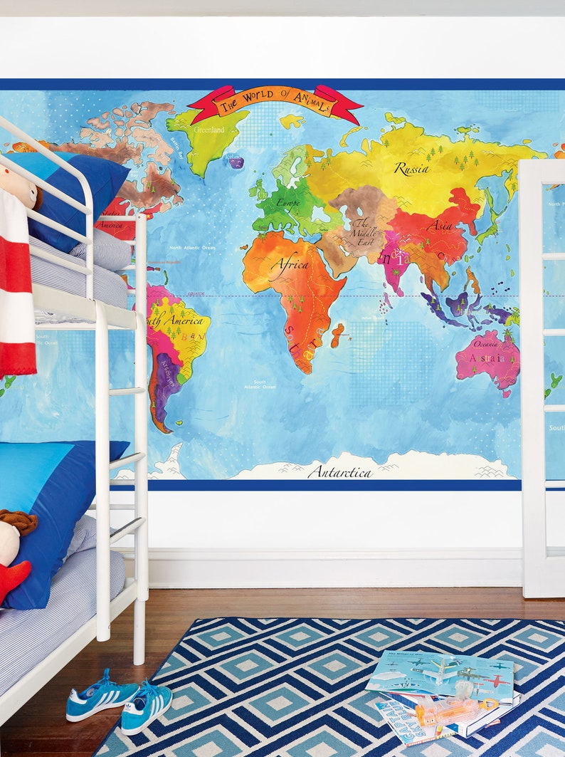 World Map Mural Kids Mural Nursery Mural Colorful Etsy
