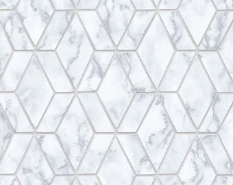 May include: A seamless pattern of white marble-look tiles arranged in a geometric diamond and hexagon design. The tiles have gray veining and are outlined with a light gray grout, creating a modern and elegant aesthetic.