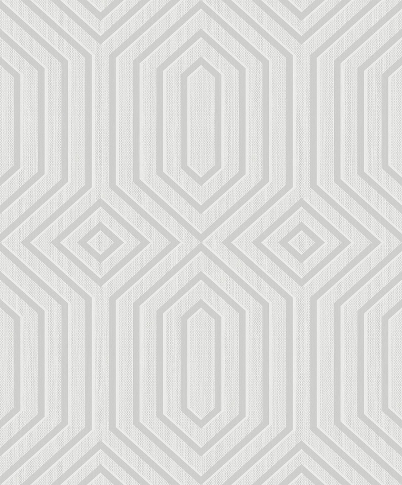 May include: A white and gray geometric pattern with a repeating hexagonal design. The pattern is made up of thin lines that create a subtle texture.