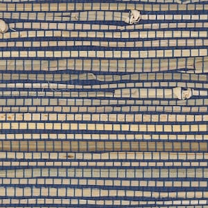 May include: A close-up of a woven natural fiber wall covering with a blue background. The material is made of thin strips of natural fiber woven together in a grid pattern.