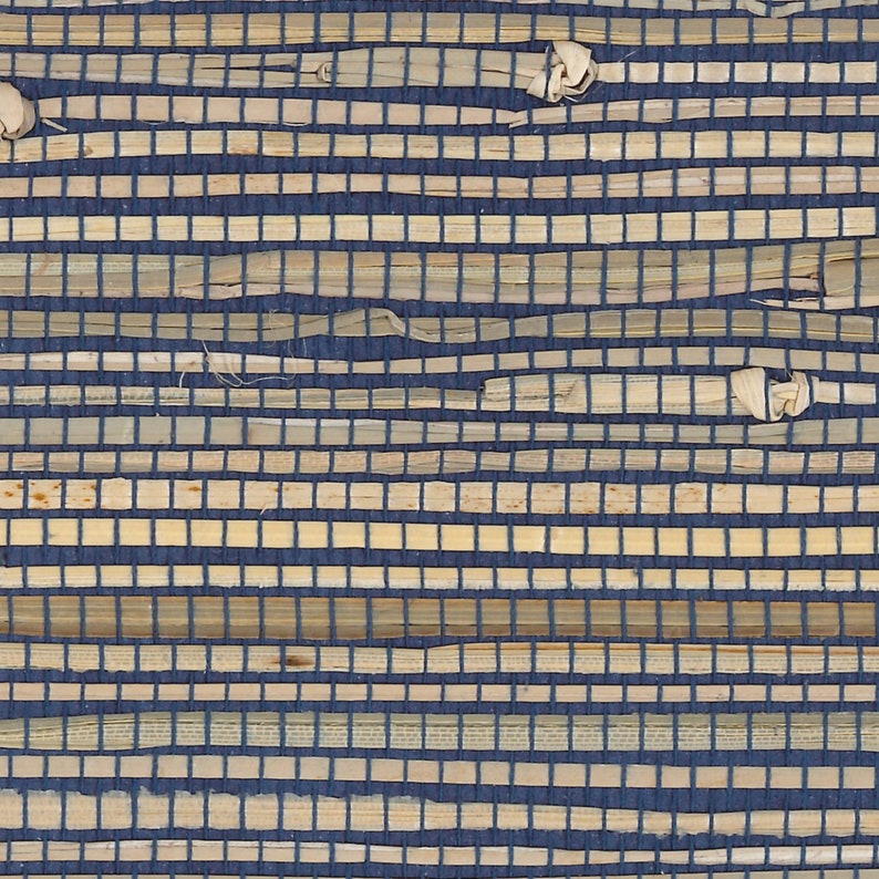 May include: A close-up of a woven natural fiber wall covering with a blue background. The material is made of thin strips of natural fiber woven together in a grid pattern.