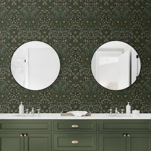 Prepasted Wallpaper Vintage Floral Green Brown Wallcovering Arts and Crafts Morris Inspired Flower Wall Decor DIY Wallcovering