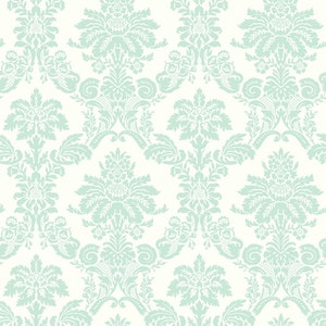 May include: A seamless pattern featuring a repeating design of intricate, light blue floral motifs on a white background. The pattern is reminiscent of traditional damask wallpaper.