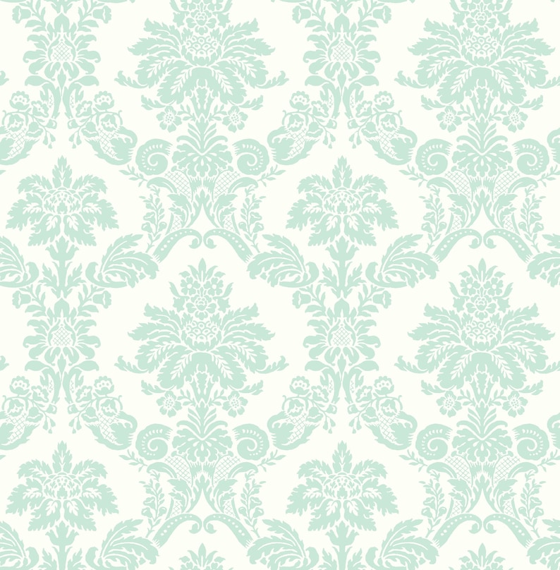 May include: A seamless pattern featuring a repeating design of intricate, light blue floral motifs on a white background. The pattern is reminiscent of traditional damask wallpaper.