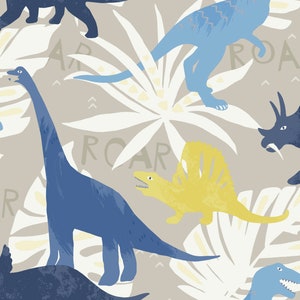 May include: A seamless pattern featuring blue, yellow, and black dinosaurs on a light brown background. The dinosaurs are surrounded by white and yellow palm leaves. The words "Roar" are repeated throughout the pattern.