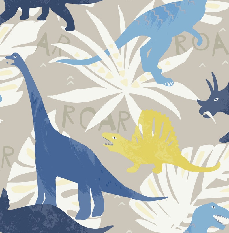May include: A seamless pattern featuring blue, yellow, and black dinosaurs on a light brown background. The dinosaurs are surrounded by white and yellow palm leaves. The words "Roar" are repeated throughout the pattern.