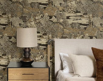 Vintage Toile Peel and Stick Wallpaper Brown Neutral Botanical Scenic Renter Friendly Wallcovering