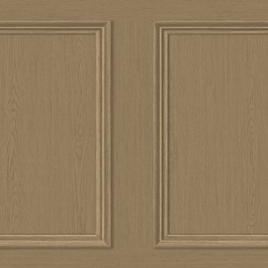 May include: A close-up of a wood panel wall with two rectangular panels. The panels have a light brown wood grain and are framed with a darker brown wood trim.