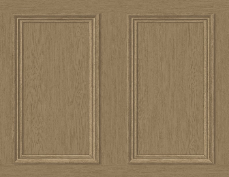 May include: A close-up of a wood panel wall with two rectangular panels. The panels have a light brown wood grain and are framed with a darker brown wood trim.