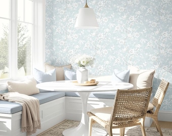 Blue Peel and Stick Wallpaper Floral Self Adhesive Wallcovering Temporary Renter Friendly
