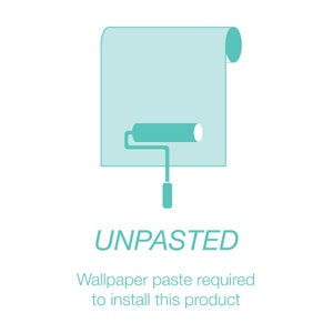 May include: A teal-colored illustration of a wallpaper roll and paint roller. The word "UNPASTED" is displayed in teal, with the text "Wallpaper paste required to install this product" below it. The image is on a white background.