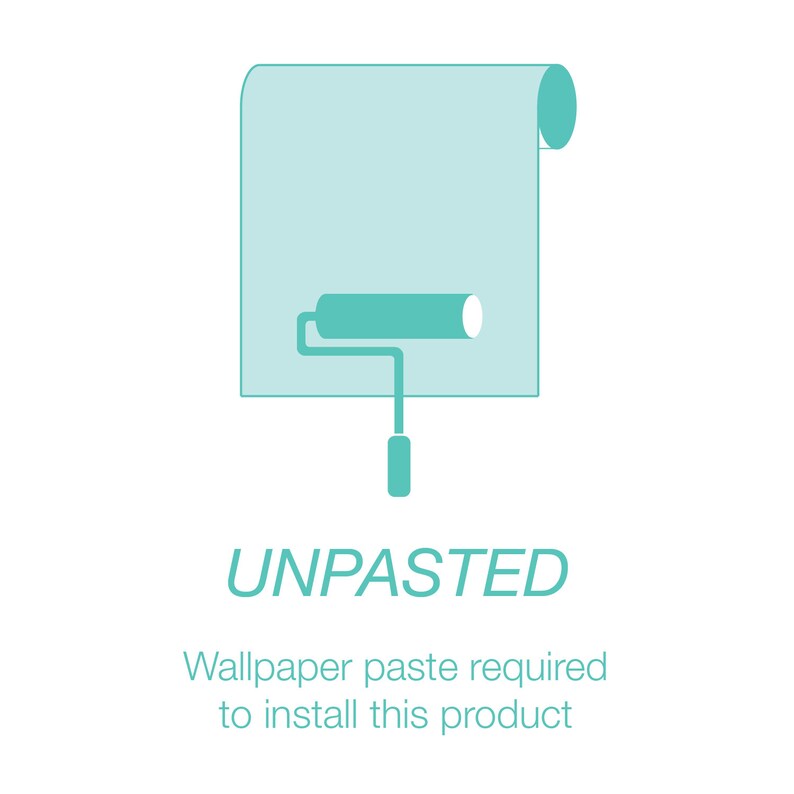May include: A teal-colored illustration of a wallpaper roll and paint roller. The word "UNPASTED" is displayed in teal, with the text "Wallpaper paste required to install this product" below it. The image is on a white background.