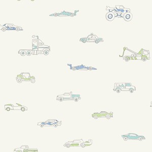 May include: A seamless pattern featuring various types of vehicles in blue, green, and white. The pattern includes a monster truck, a police car, a tow truck, a semi-truck, a race car, a pickup truck, a jeep, and a sports car.