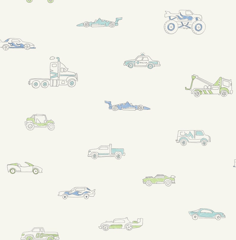 May include: A seamless pattern featuring various types of vehicles in blue, green, and white. The pattern includes a monster truck, a police car, a tow truck, a semi-truck, a race car, a pickup truck, a jeep, and a sports car.