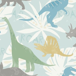 May include: A seamless pattern featuring various dinosaurs in shades of blue, green, yellow, and gray on a light blue background. The dinosaurs are surrounded by white stylized palm leaves and the words "Roar" and "Car" are repeated throughout the pattern.