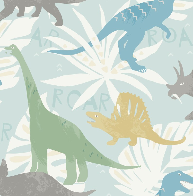 May include: A seamless pattern featuring various dinosaurs in shades of blue, green, yellow, and gray on a light blue background. The dinosaurs are surrounded by white stylized palm leaves and the words "Roar" and "Car" are repeated throughout the pattern.