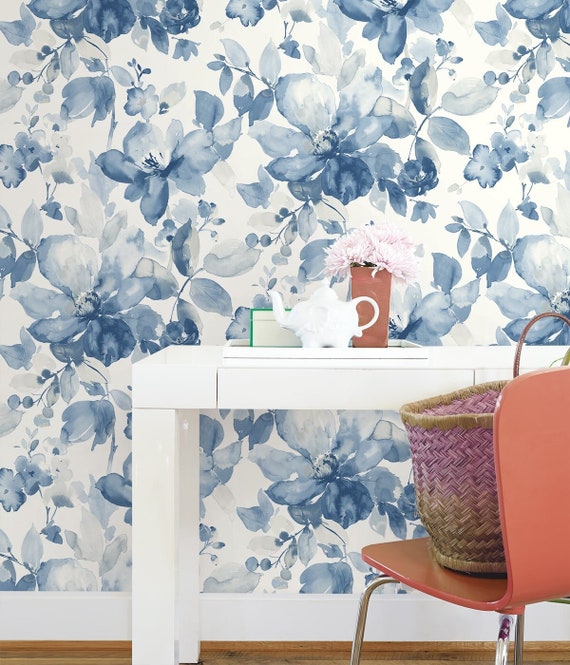 Prepasted Wallpaper Watercolor Floral Neutral Blue Wallcovering Traditional Flower Garden Wall Decor Floral Trail Wallpaper