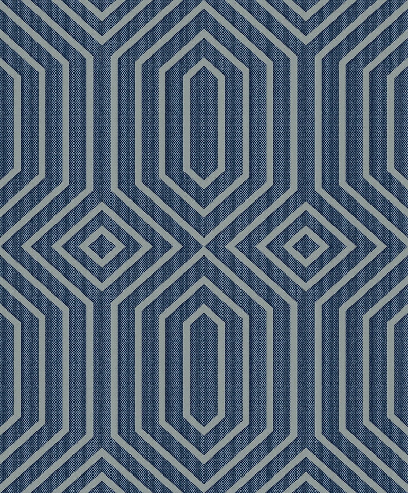 May include: A seamless pattern with a geometric design of overlapping octagons and squares. The pattern is in shades of blue and gray.