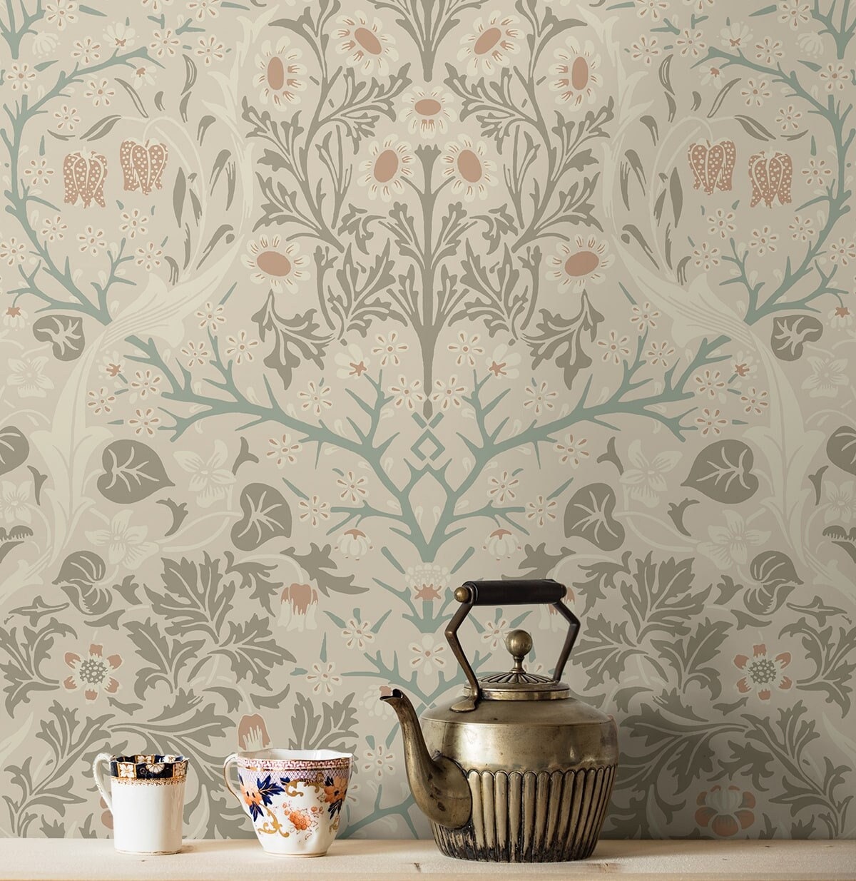 Prepasted Wallpaper Vintage Floral Beige Neutral Wallcovering Arts and Crafts Morris Inspired Flower Wall Decor DIY Wallcovering
