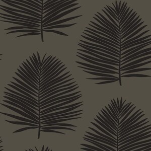 May include: A seamless pattern featuring black palm leaves on a dark gray background. The leaves are arranged in a repeating pattern, creating a tropical and modern design.