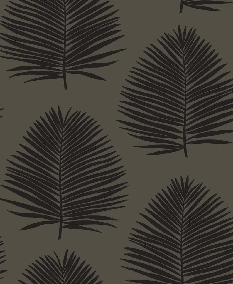 May include: A seamless pattern featuring black palm leaves on a dark gray background. The leaves are arranged in a repeating pattern, creating a tropical and modern design.