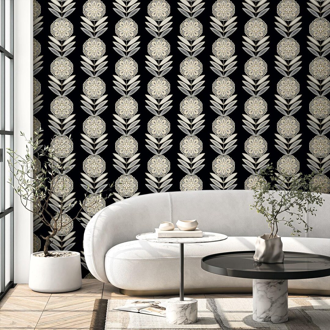 Floral Wallpaper Black Designer Wallcovering Unpasted Contemporary Wall ...