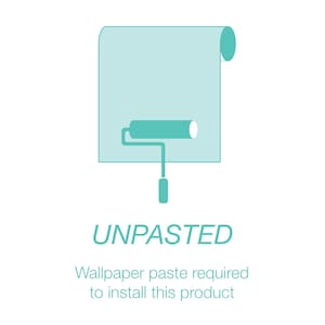 May include: A teal blue illustration of a wallpaper roll with a paint roller underneath. The text "UNPASTED" is below the image, and the text "Wallpaper paste required to install this product" is below that.